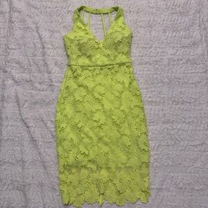Guess Neon Lime Pencil Skirt Dress | Lace Halter Overlay | Built-In Bra | Size 4